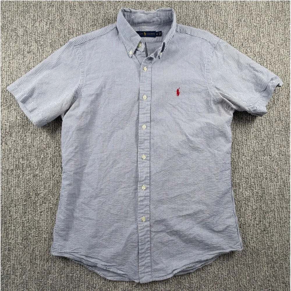 Ralph Lauren Button Down Shirt Mens M Blue Seersucker Striped Short Sleeve Pony - Picture 1 of 6
